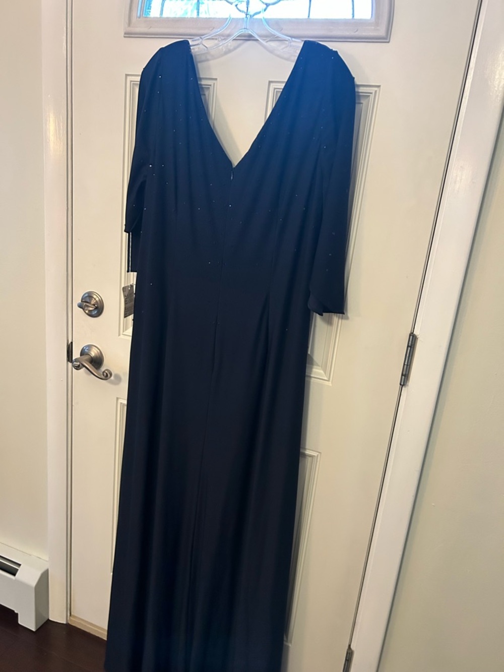 Elegant Navy Blue 3/4 Long-Sleeve Draped Evening Gown - Picture 4 of 8